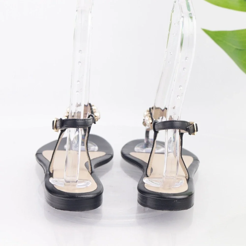 Barneys New York Women Sandal Size 37 6 Black Leather Pearl Thong Slingback Flat